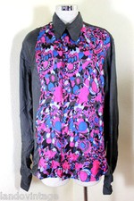 Vintage VALENTINO Black Pink Blue 43 / 17 Silk Longsleeve Shirt Top Blouse M L 