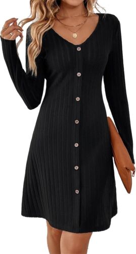 A Line Knit Dresses Casual V-Neck Button Long Sleeve Dresses Ribbed - Picture 3 of 5