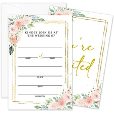 25 Pink Rose Wedding Invitation Cards with Envelopes for Mr And Mrs Newlyweds