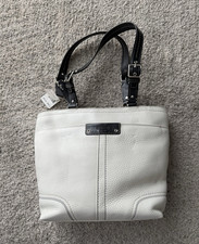 Coach Women s White Pebbled Tote Black Double Handles Silver Zip