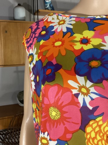 Vintage 60s 70s Bright Floral Sleeveless Silky Nylon Drop Waist Dress Mod Hippie, $24 - Photo 4