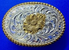 Centered Flower Swirl Ornate Rope Border Western Small Crumrine Belt Buckle