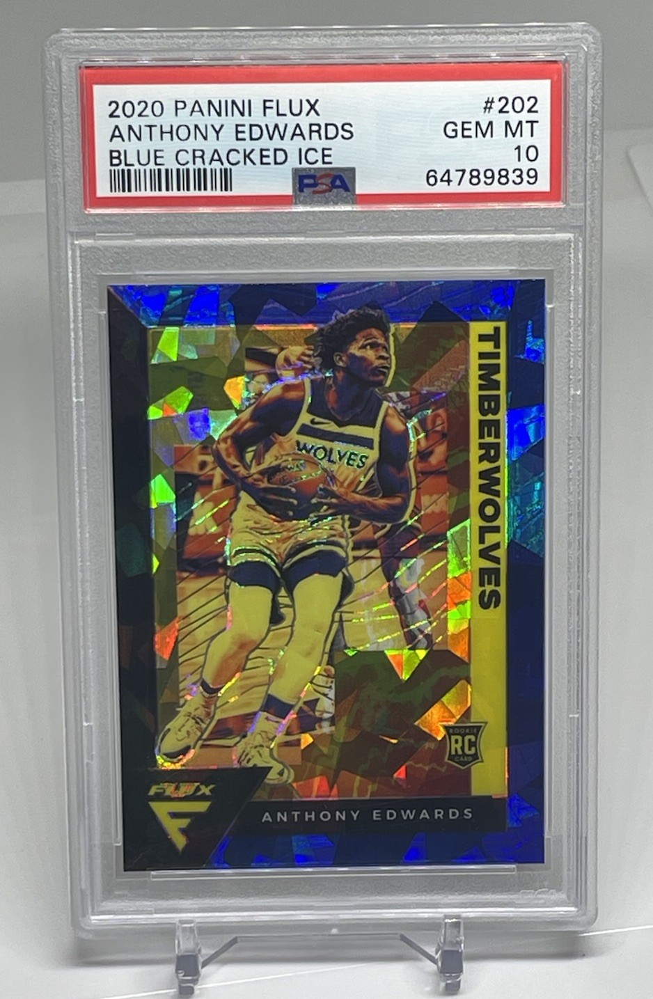 2020-21 Panini Flux Anthony Edwards #202 Blue Cracked Ice Prizm PSA 10 (RC) view 1