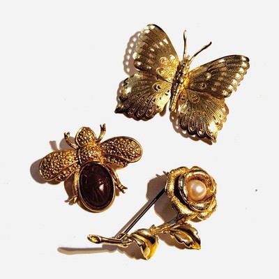 Vintage Brooches Set of 3 Gold Tone Butterfly Bee Rose Nature Springtime