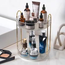 Rotating Makeup Organizer Countertop 2 Tier Lazy Susan Trays Clear Skincare P...