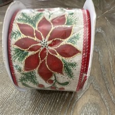 2.5  x 10 yds Christmas Wire-Edged Ribbon Red/Green Poinsettia Holly/Glitter