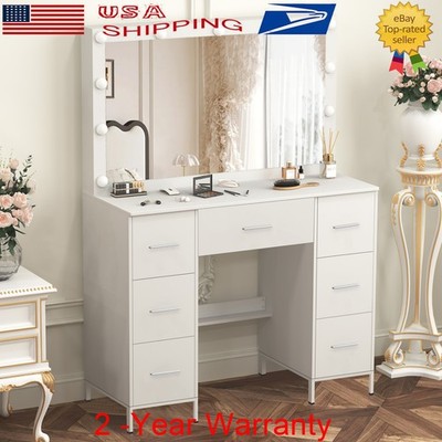 Large Dressing Table w/ Hollywood LED Lights Mirror Vanity Makeup Desk 7 Drawers