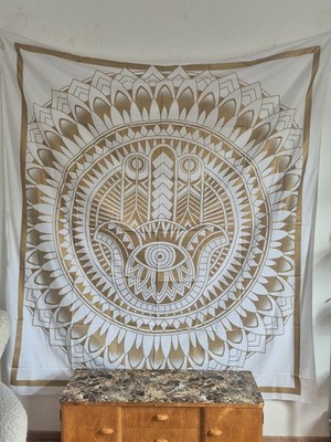 Wandteppich Golden White Hamsa Mandala 210×230cm