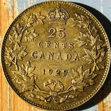1929 Canada 25 Cents. King George V. Antique Silver Patina & Original. Lot-684.
