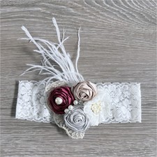 Lace baby headband with floral accents, feathers, White Burgundy Pink Silver