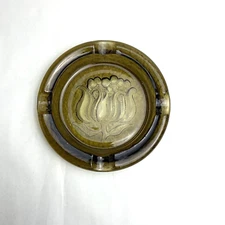 VINTAGE AMBER GLASS CIGAR - CIGARETTE ASHTRAY APPROX 8"  BLACK TULIP DESIGN