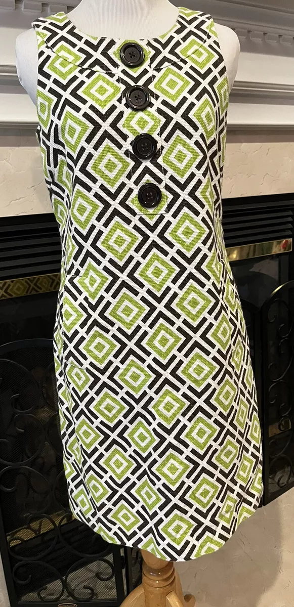 Michael Kors Classic Shift Dress Green Brown Geometric Print Pockets Size 6 EUC