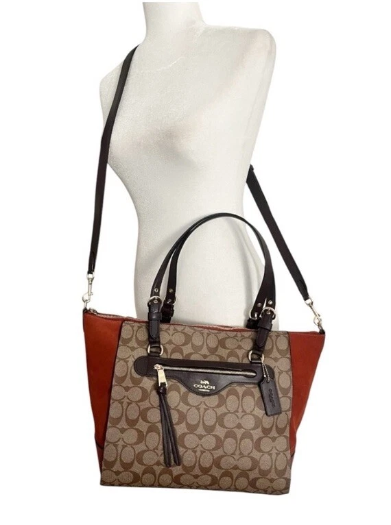 Borsa Coach Kleo arancione scamosciata firma tela logo marrone cerniera tote bag