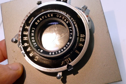 Graflex Optar 8" (203MM) f/7.5 Lens in Graphex Shutter on 3 5/8" board 4X5"