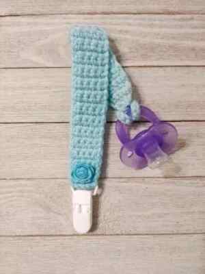 crochet handmade baby pacifier holder strap clip dummy blue rose