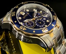 Invicta Mens PRO DIVER SCUBA Chronograph Blue Dial 18K Gold Silver SS Watch 0077