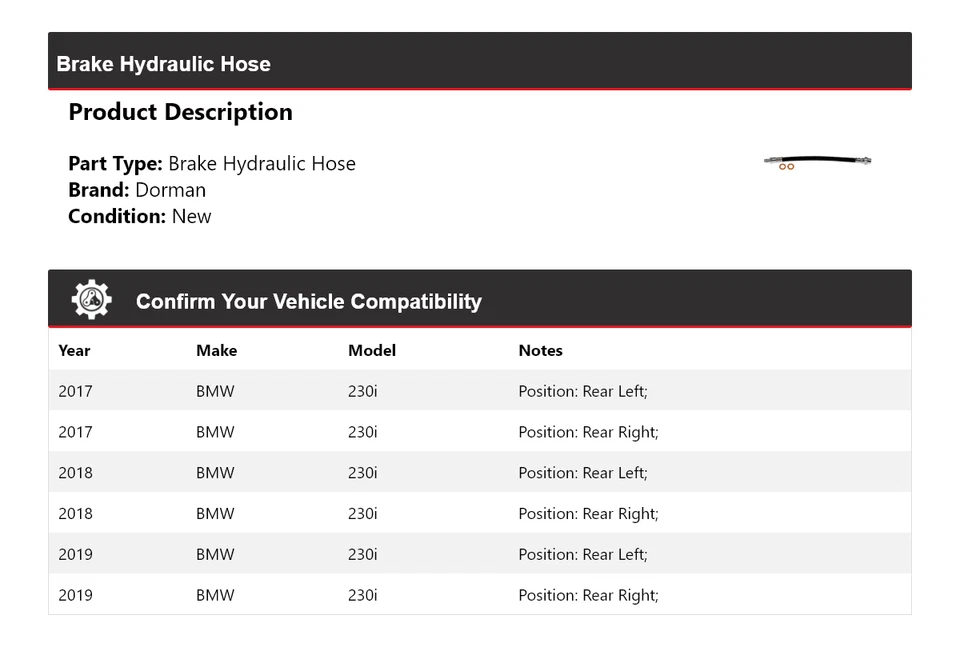 For 2017-2019 BMW 230i Dorman Brake Hydraulic Hose 2018 - Image 2 of 4