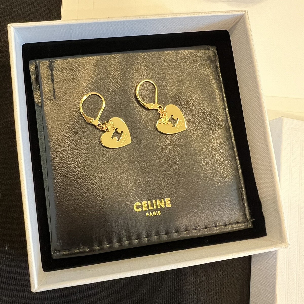 ★送関込み★ CELINE Coeur Celine Heart Earrings CELINE Heart And Logo Drop Earrings Golden Brass~ One Pair
