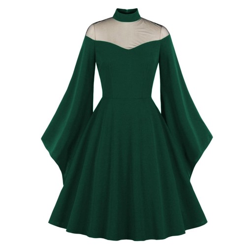 Women's Mesh Bell Sleeves Halloween Gothic Vintage Dress Long Sleeve Swing Dress - Picture 14 of 28
