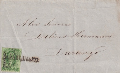 Mexico cover 2r green Durango SL cancel Papasquiaro black Sch 280 April 1857 XF