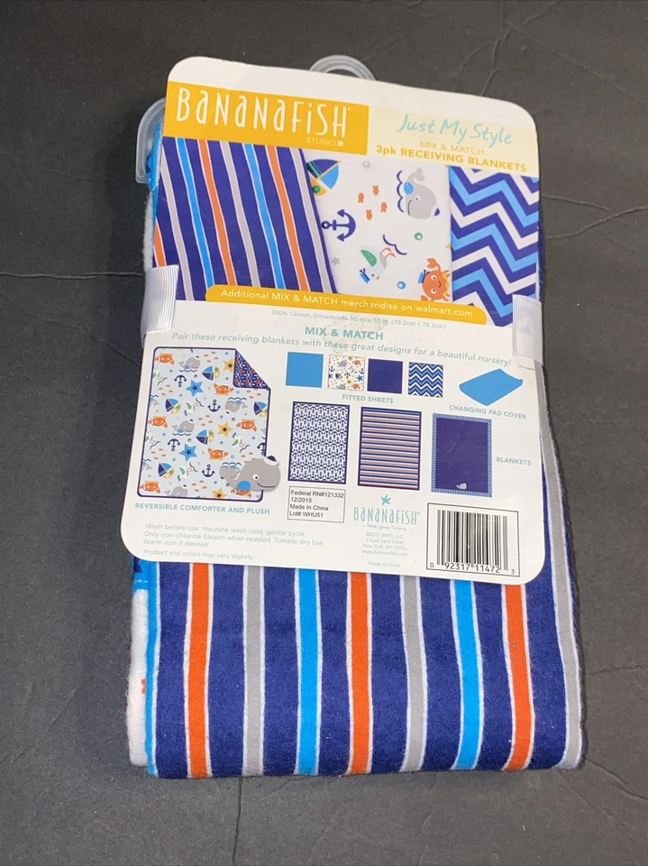 "Paquete de 3 mantas de recepción Bananafish Studio Mix & Match cangrejo ballena a rayas 30""" Foto 3 de 4