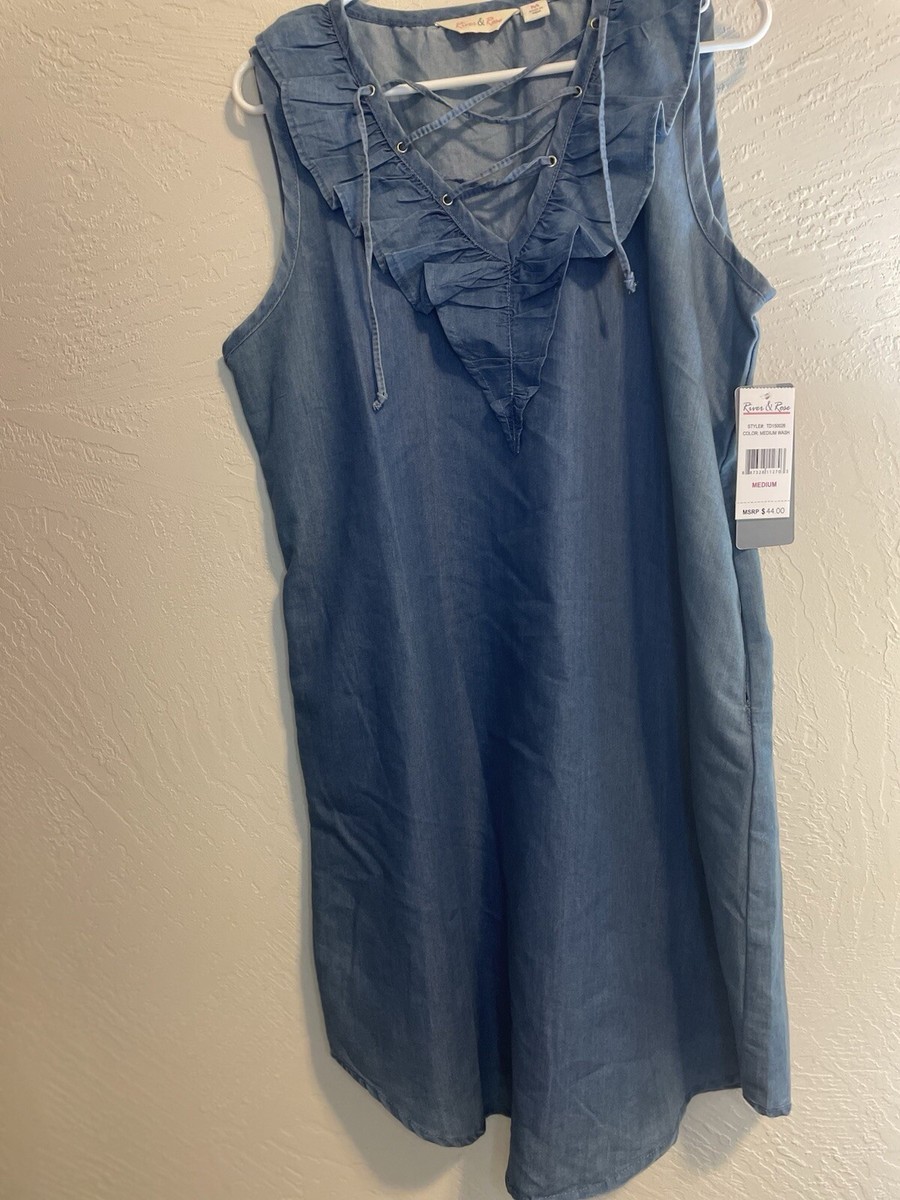 River & Rose Women's Medium Blue Jean Dress Lace Up Neckline Ruffles  Fashion NWT | eBay