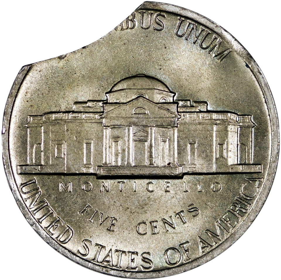 Монета номиналом 5 центов 1977 с изображением Джефферсона с двойной обрезкой драгоценный камень BU с ошибкой - Изображение 2 из 2