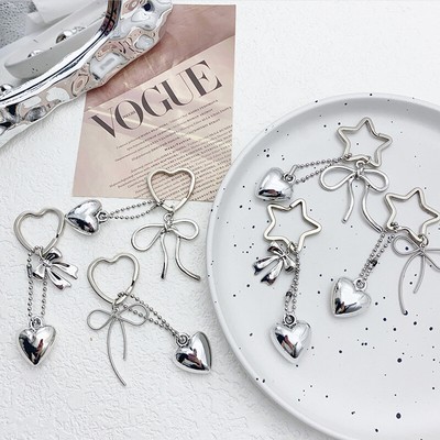 Silver Metal Bow Heart Star Keychain Pendant For Women Girls Creative Keyrin _r1
