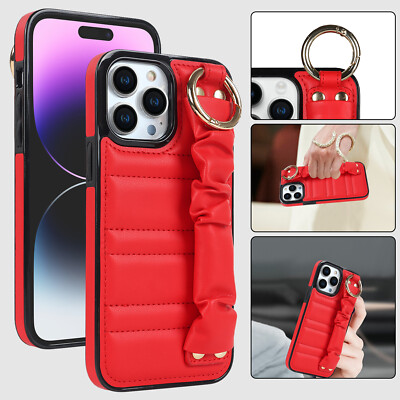 For iPhone 14 13 12 11 Pro Max XR XS Luxury Leather Rugged Case With Wrist Strap