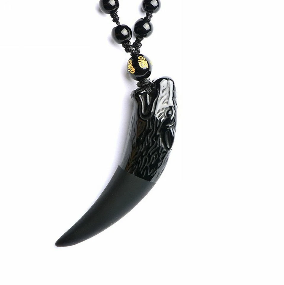 Natural black Obsidian Crystal Wolf Tooth Necklace pendant bead with chain - Image 4 of 4