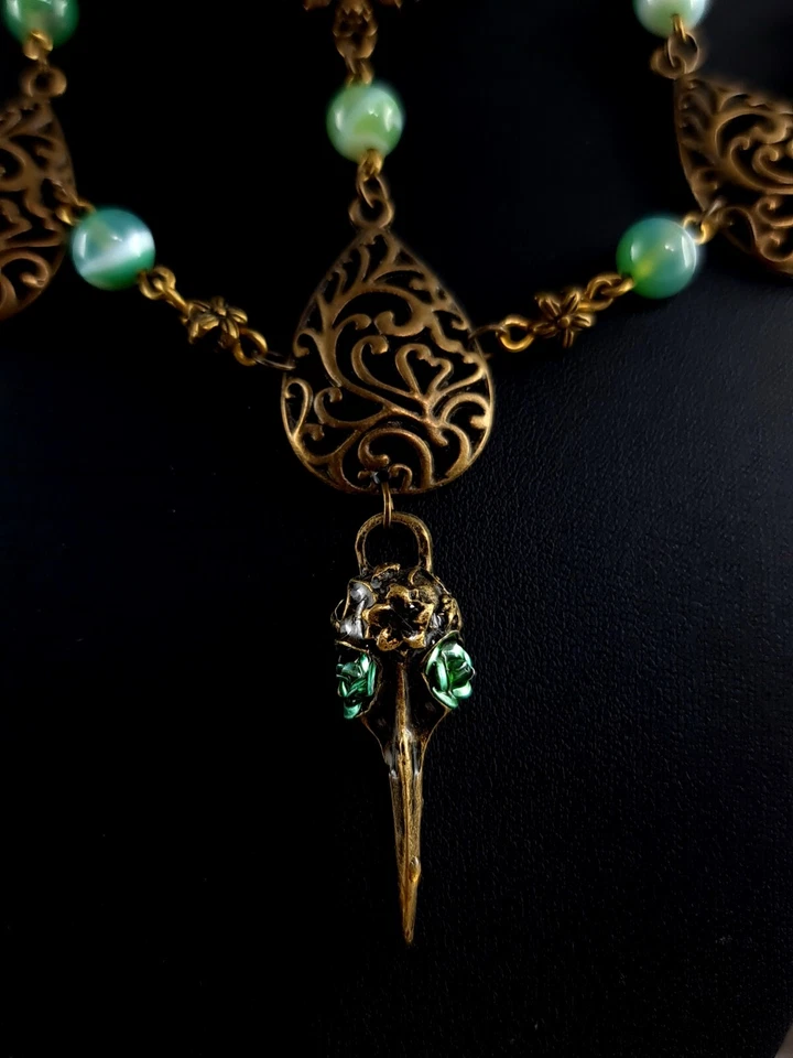 Kette XXL Gothic Vogelschädel Raben grüner Achat - ausgefallen silver anello - Bild 3 von 4