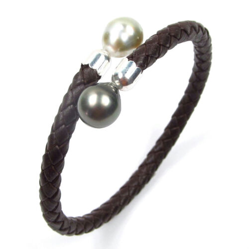 7.5" 9-10mm Tahitian Black & Silver Pearl 5mm Leather Flex Bangle Bracelet - Picture 1 of 4
