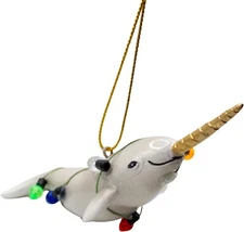Narwhal Unicorn Whale Wrapped in Lights Christmas Tree Ornament