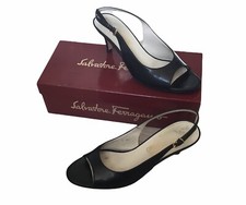 Salvatore Ferragamo Norzia Peep Toe Slingback Pumps Nero Kid Leather Black 9AA