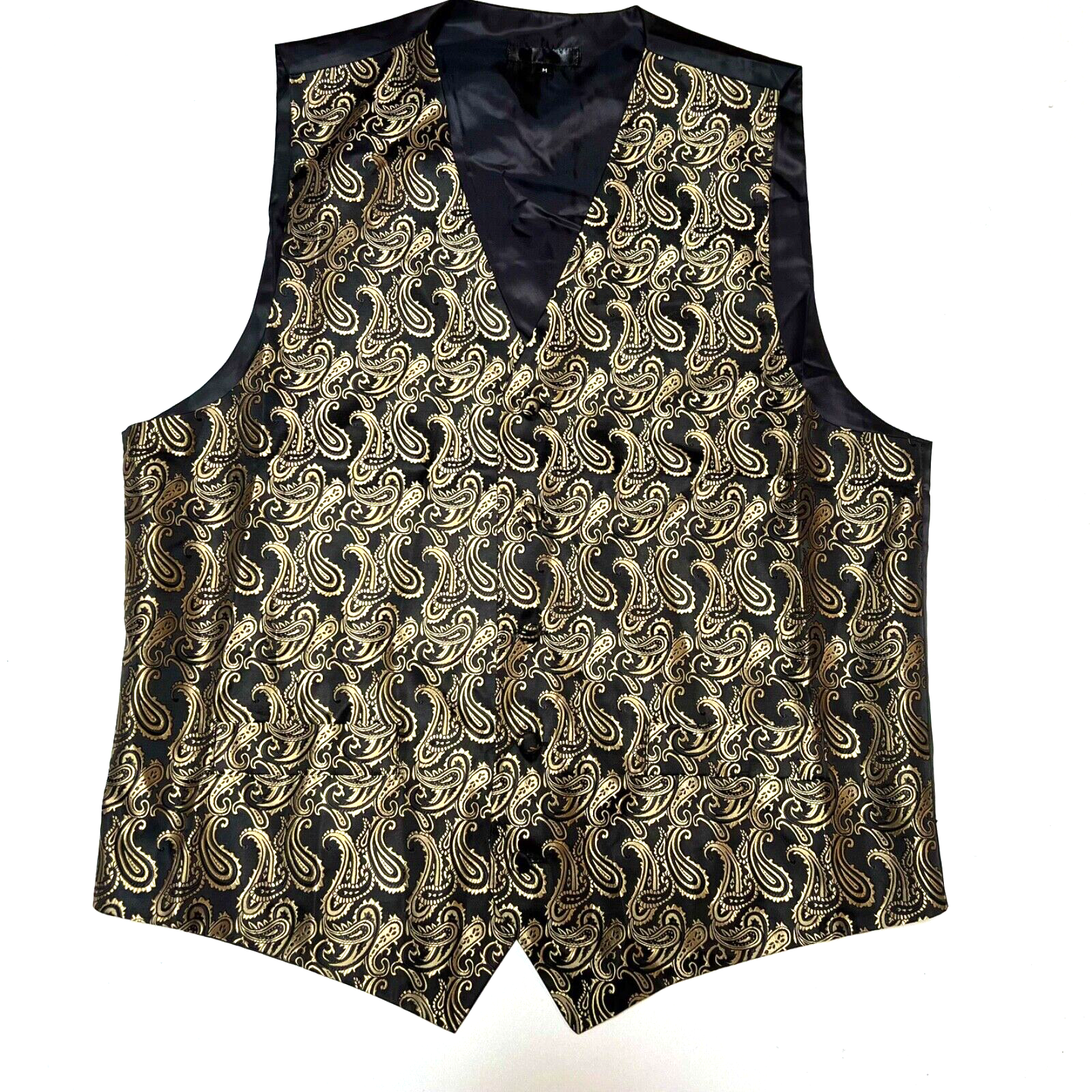 Vest Men’s Tuxedo Paisley Black Gold Pattern.  Sz M  Polyester  Covered Buttons-image