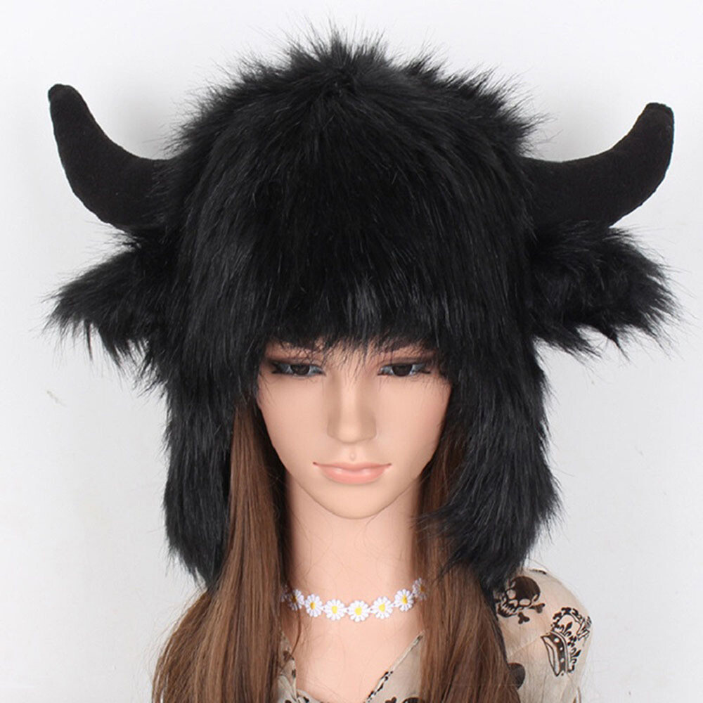 New Winter Men Fur Ear Flap Hat Cap Trapper Fleece Funny Cow Horn Ear Party  Gift