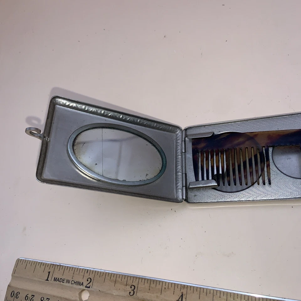 Antique Silvertone Dance Purse w/ Mirror Coin Slots Wrist Chain Sunburst Pattern - Image 4 of 4