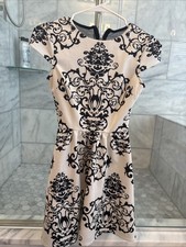 B. Darlin Ivory Black Short Sleeve Baroque Print Fit & Flare Skater Dress 3/4
