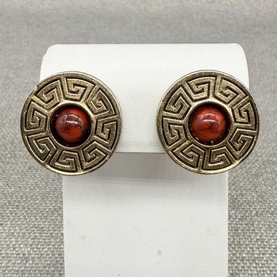 Vintage Earrings Egyptian Revival Style Clip Ons Gold Tone Red Marbled Center