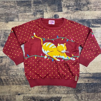 Tipsy Elves Light Up Ugly Christmas Sweater Mens XL Red Cat Tangled in Lights