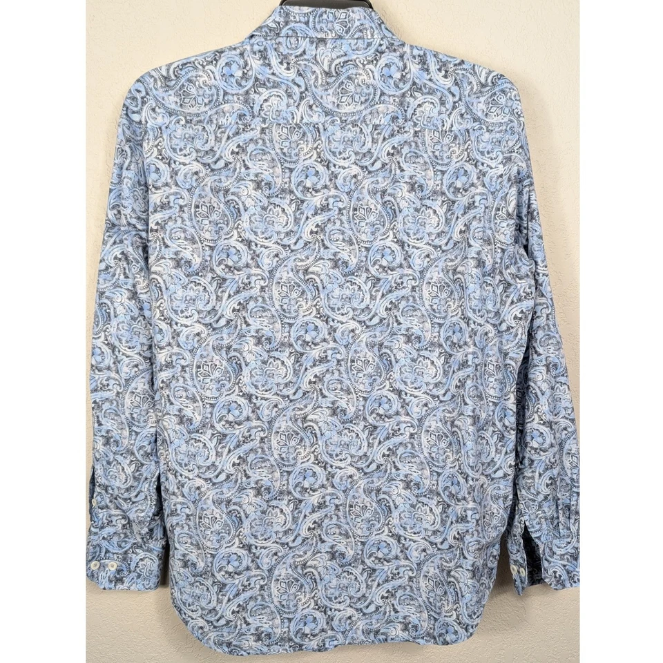 Camisa masculina Bugatchi ajuste clássico estampa paisley azul manga longa botão para baixo GG - Imagem 3 de 4