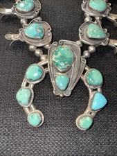 Vintage Handmade Navajo Turquoise Sterling Silver Squash Blossom Necklace 26