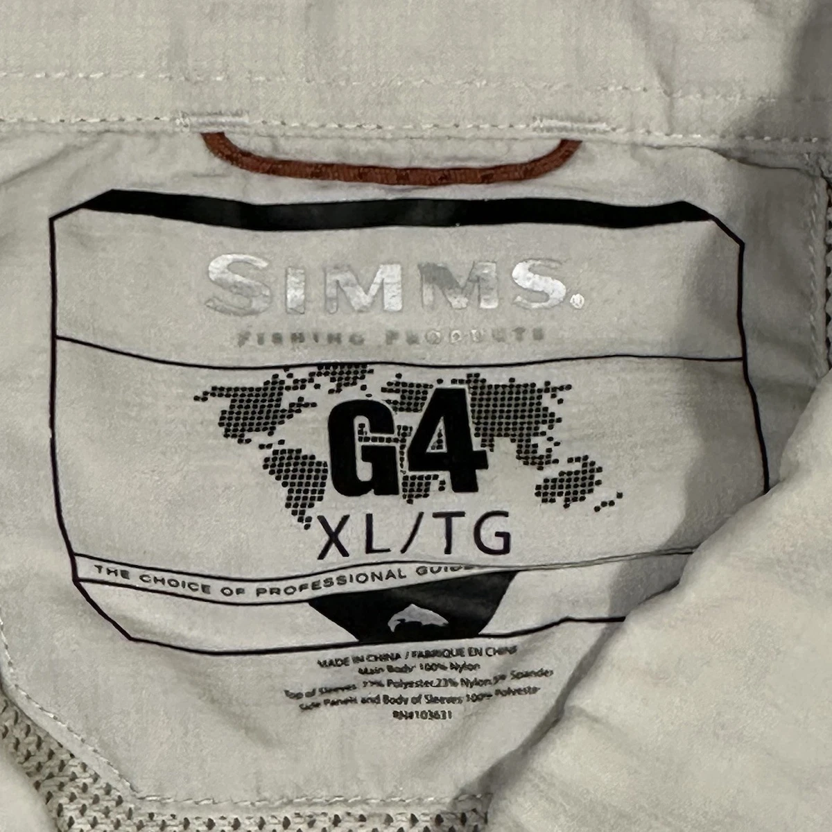 Camisa de Pesca Simms G4 TriComp Para Hombres XL Blanca Manga Larga Ventilación Cremallera Bolsillo Exterior