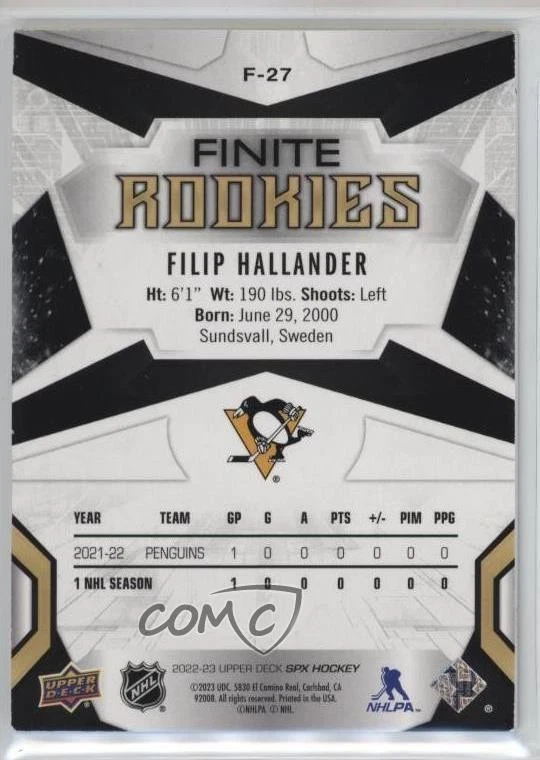 2022-23 SPx Finite Rookies /499 Filip Hallander #F-27 RC - Image 2 of 2