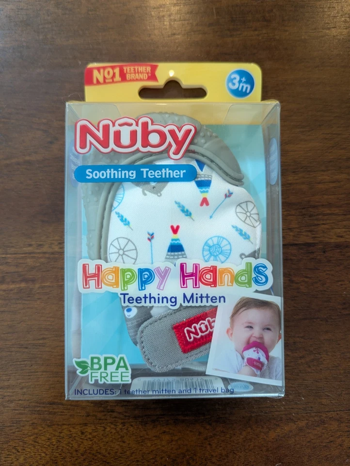 Nuby Happy Hands Grey Silicone Teething Mitten Chewy Toy Teether Mitt BPA Free - Image 2 of 4