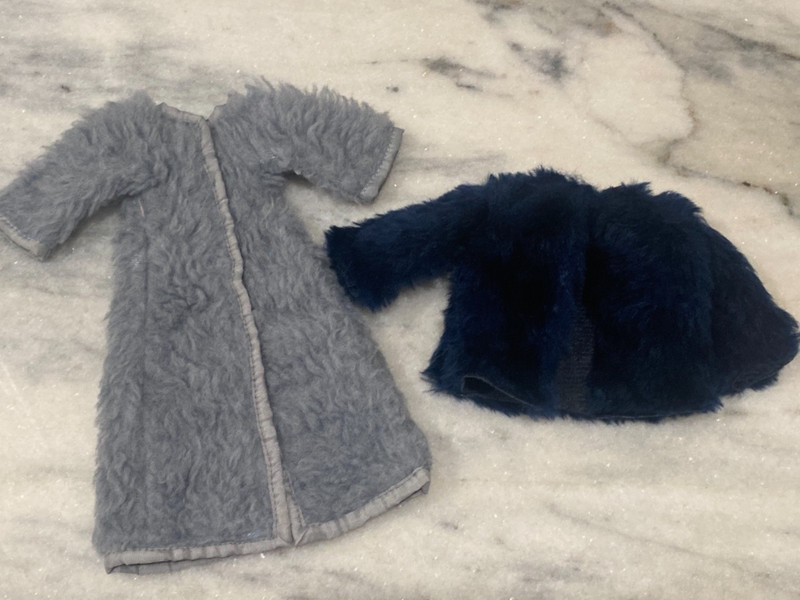 1960's-1970's Long Gray Coat + Sapphire Blue Faux Fur Barbie clone short coat