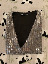 Zara Women  s Medium Silver Draped Sequin Dress Short M