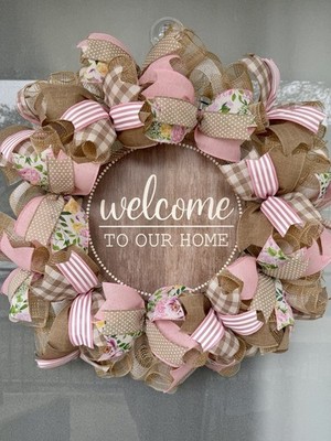 Welcome To Our Home Wreath, Light Pink, 25 Inches In Diameter
