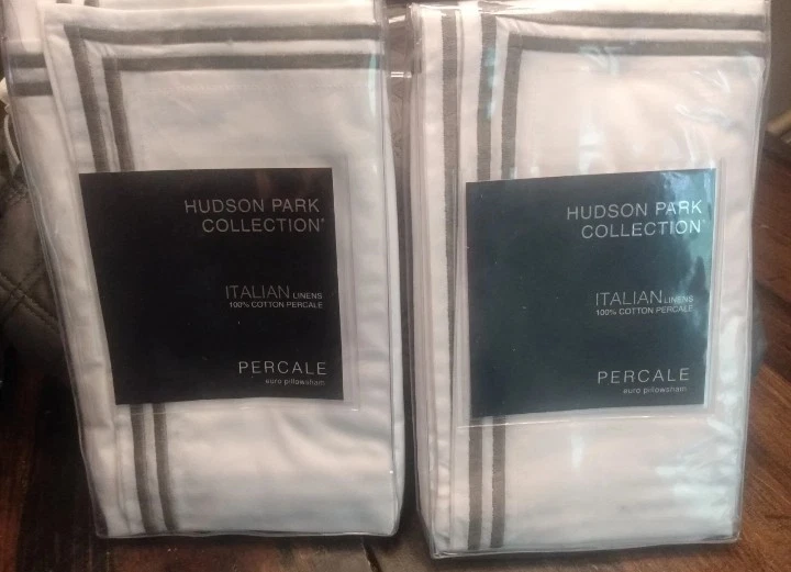 Hudson Park "Italian Percale" Euro Shams Set, 2, White/Charcoal, Embroidered NWT - Image 4 of 4