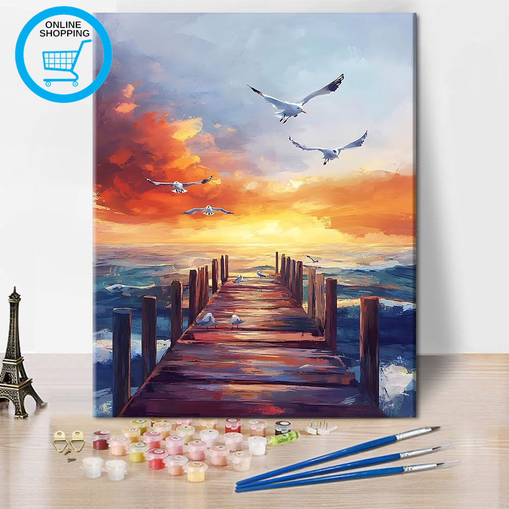 Paint by Numbers Kit for Adults Beginner - Pier Sunset Landscape with Seagulls F